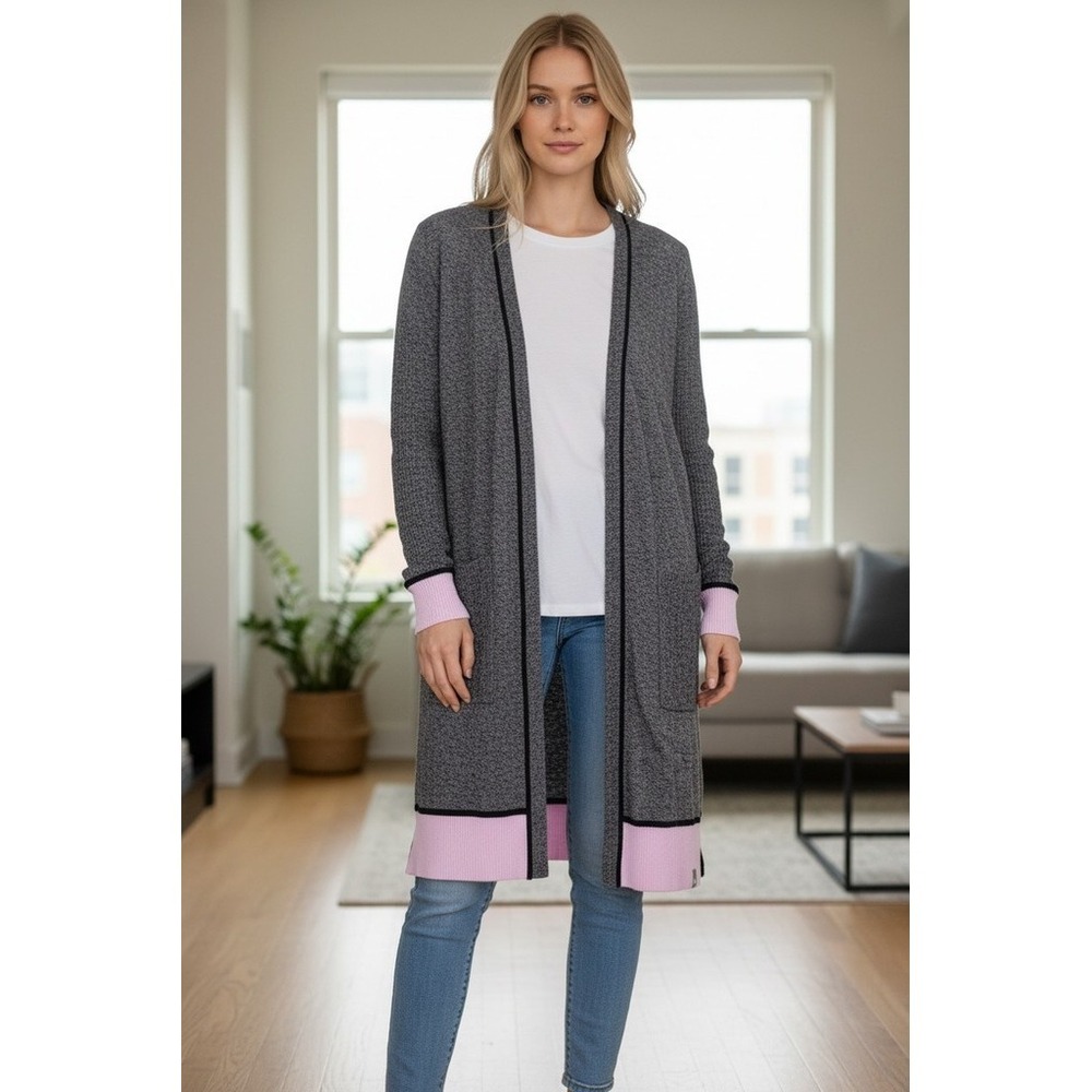 Talbots Cardigan Sweater Womens S petite Gray Marled Pink Trim Pockets longline